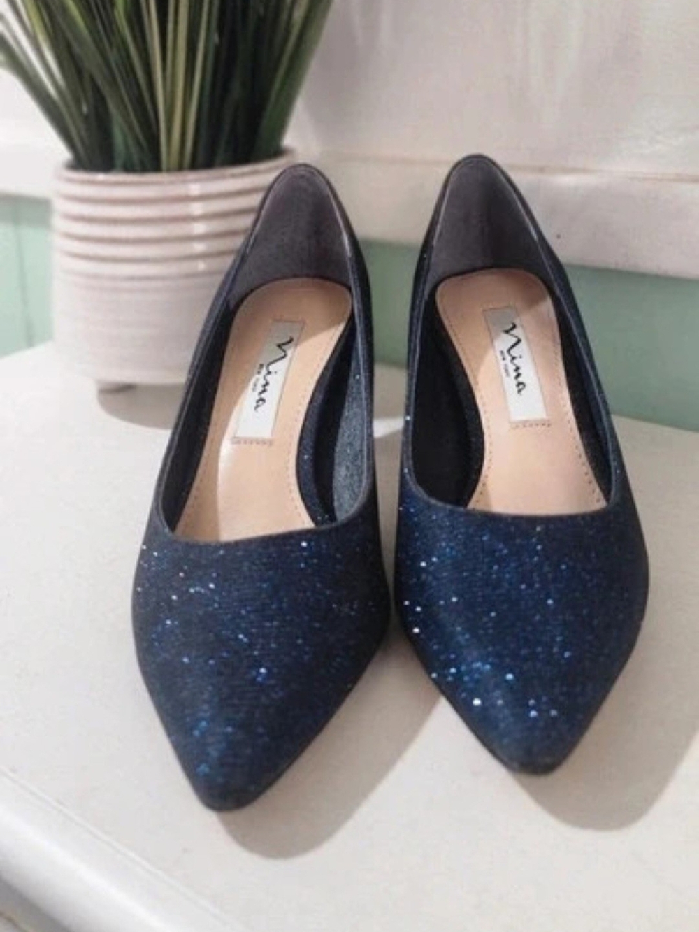 Nina Navy Glitter Pointed-Toe Heels